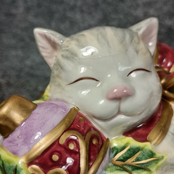 Fitz And Floyd Christmas Cat Trinket Box Porcelain Holiday Kitten Lid Candy Dish - Picture 10 of 11